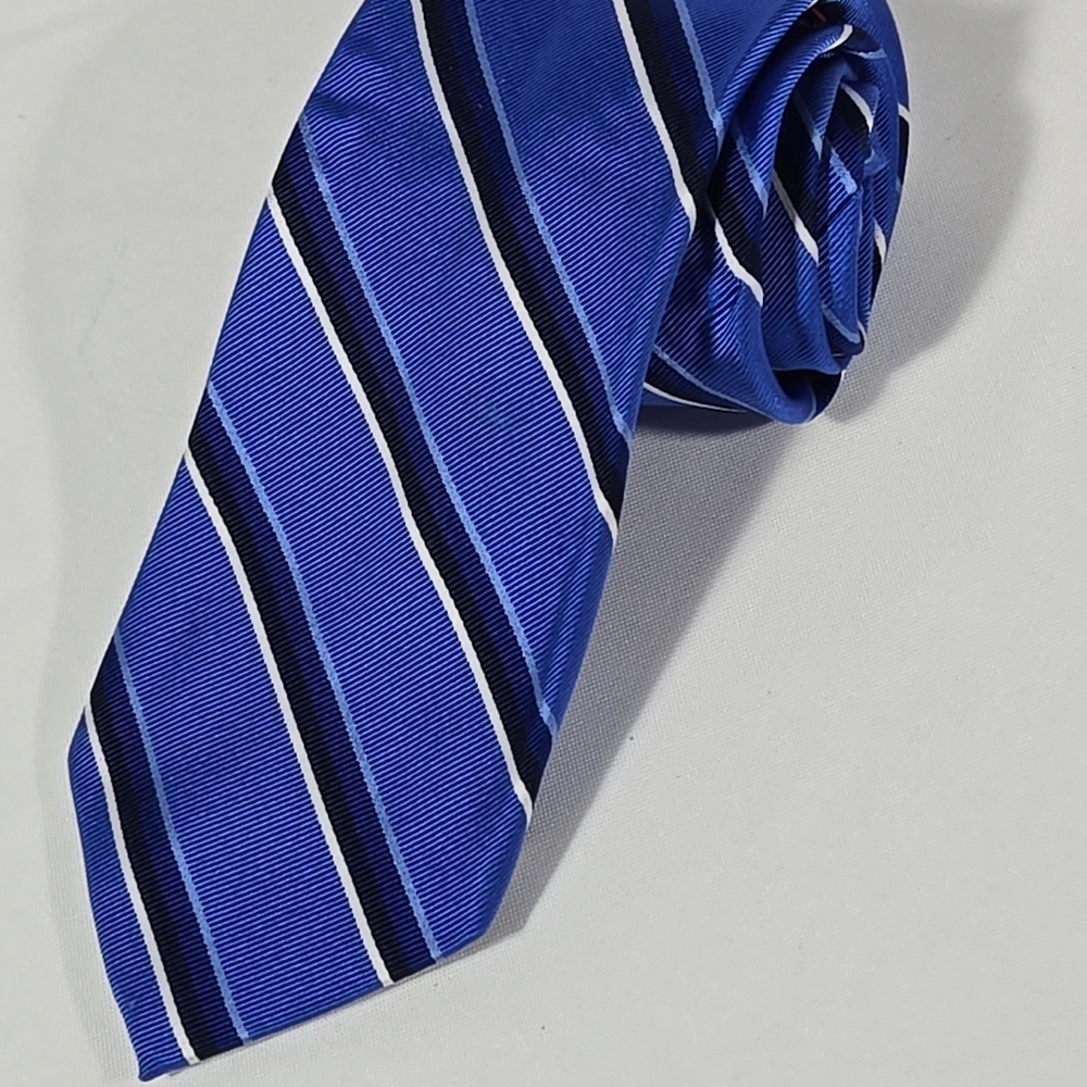 Vtg 90s Ralph Lauren Silk Tie Royal Blue White Striped Repp Classic Preppy Retro